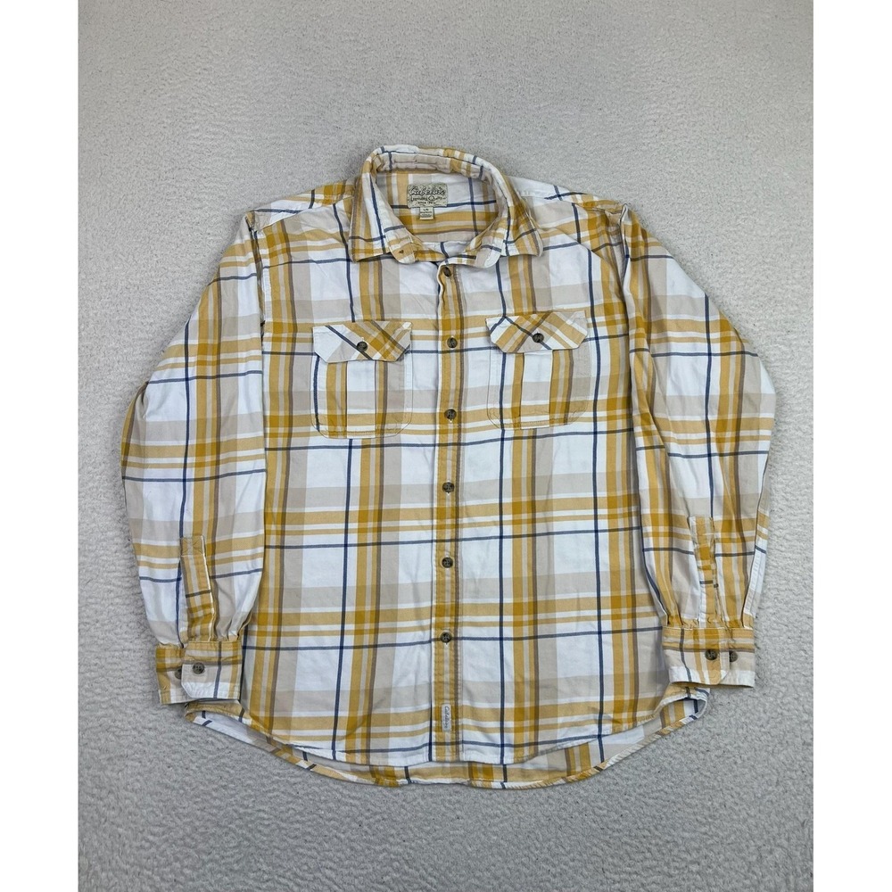 Cabela's Shirt Mens Large Yellow White Plaid Button Down Long Sleeve Outdoor